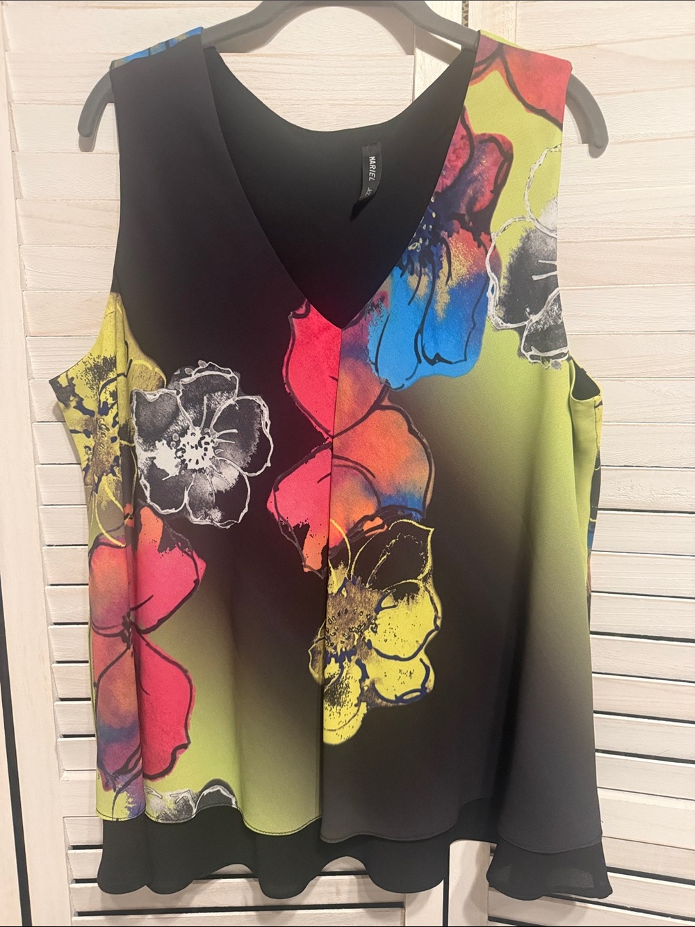 Mariel  Layered Floral Print Sleeveless Blouse- Black with Muted Neon Blooms XL